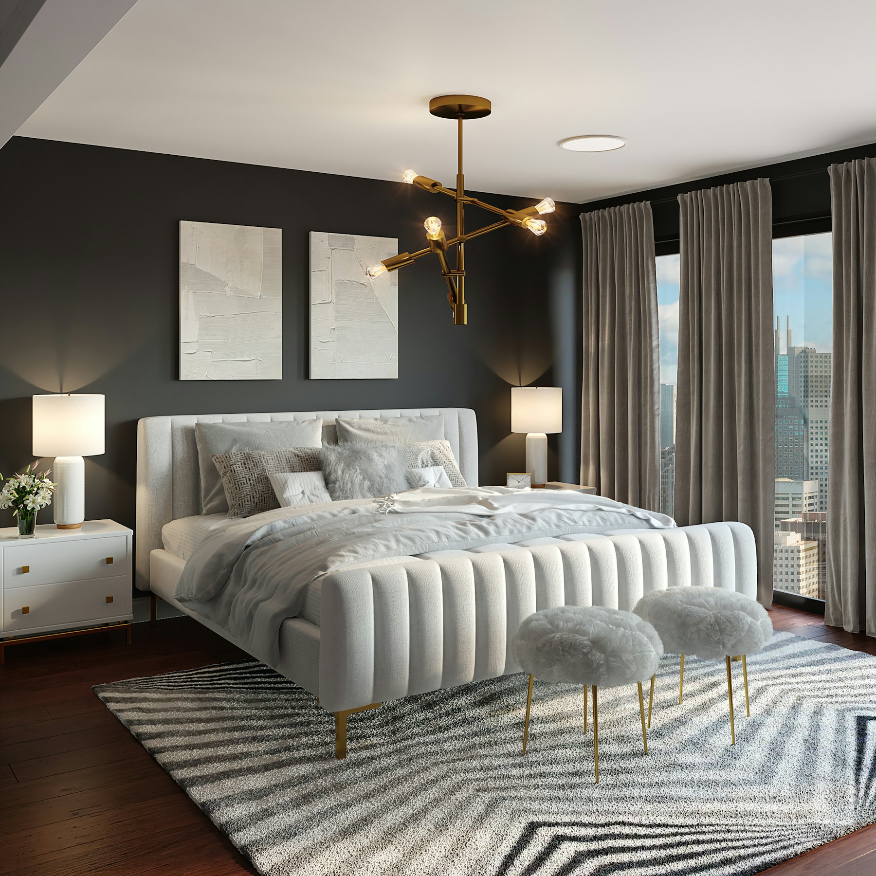 Elegant bedroom with upholstered bed