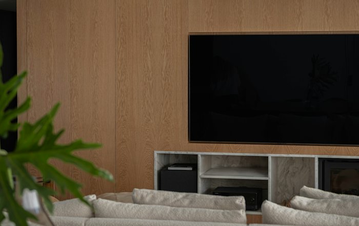 Large TV mounted on a wooden accent wall