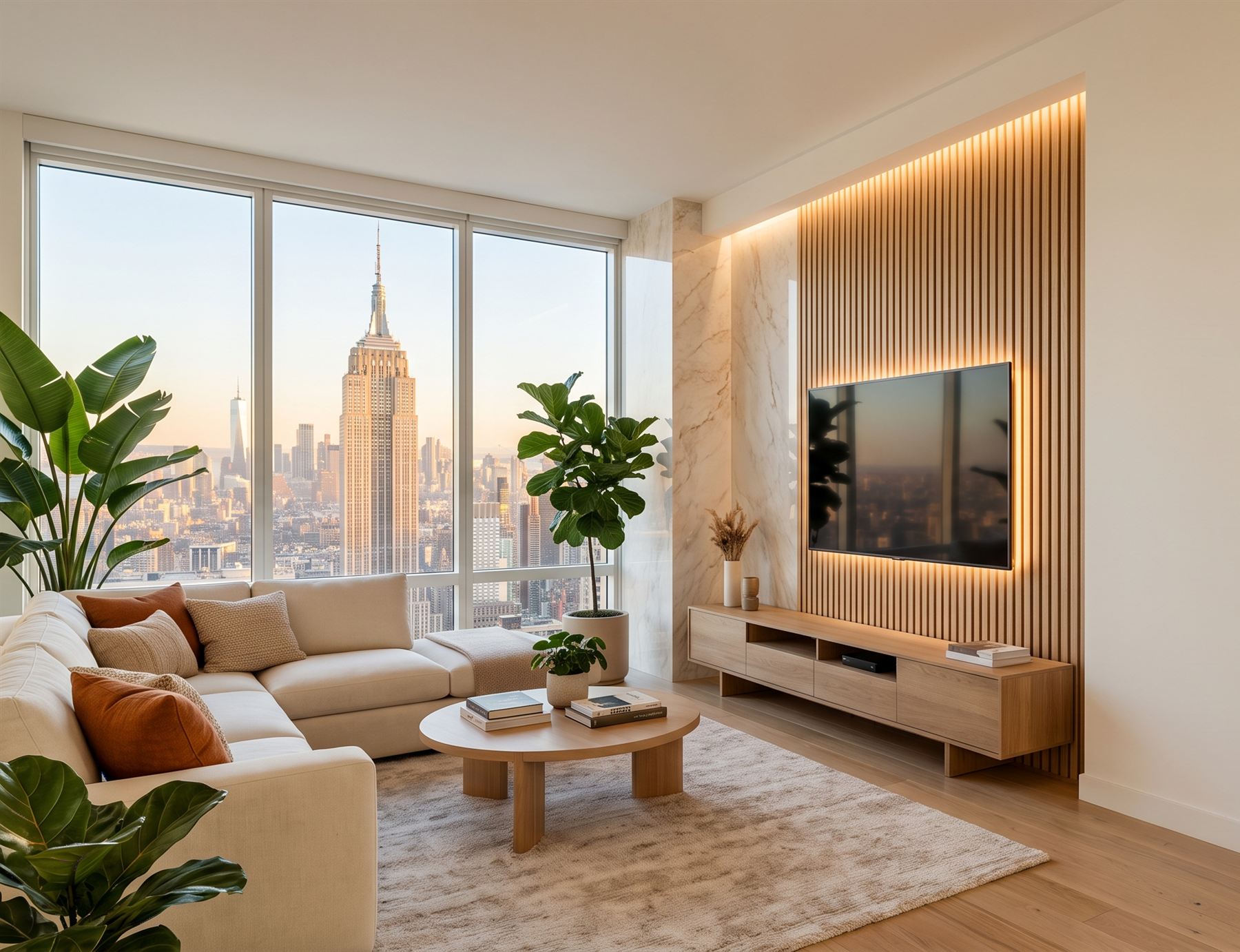 Living room with a view of the Manhattan skyline