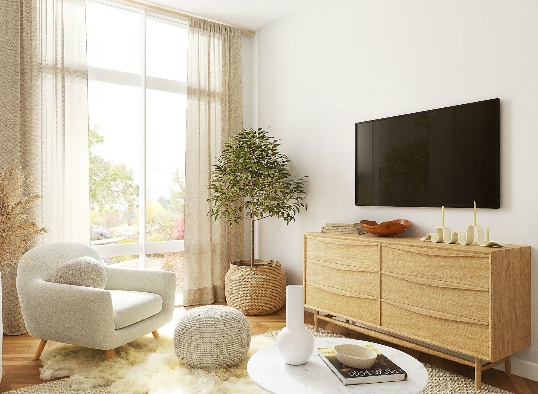 TV mounted on the wall above a wooden dresser
