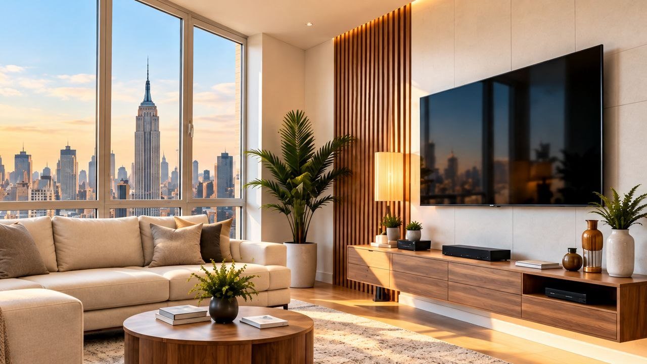Large TV mounted on a wall next to a wood slat panel